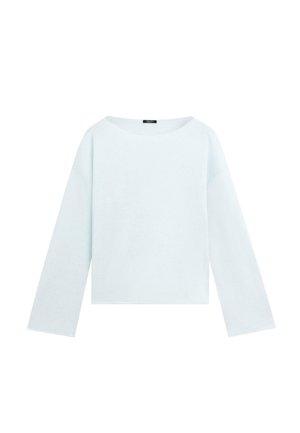 Jasnoniebieska bluzka z długim rękawem i dekoltem w łódkę, z prostym dołem i luźnym krojem.