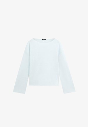 Lyseblå langærmet bådnettop med lige kant og afslappet pasform.