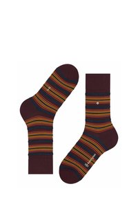 Bordeauxfarbene Socken mit bunten, vertikalen Streifen in Gelb, Orange und Dunkelblau. Mit verstärktem Zehen- und Fersenbereich.