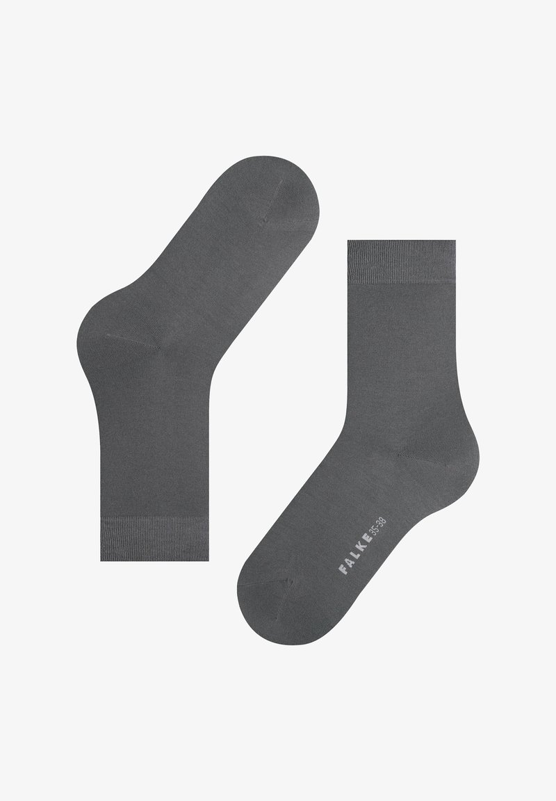 Grå bomuldsstrømper med en glat tekstur, tætsiddende form, ribbede kanter og logo trykt på siden. Egnet til størrelserne 35-38.