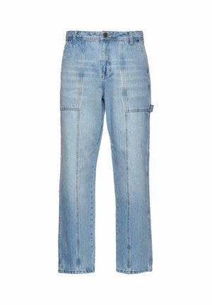 Light blue denim cargo pants featuring a straight leg design, visible stitching, and side pockets. Made from cotton with a relaxed fit.