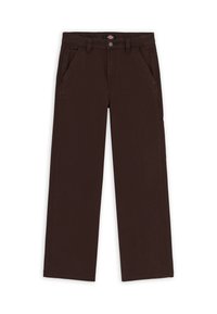 Pantalon cargo en coton brun avec une coupe droite, poches avant et une poche latérale. Dispose d'une fermeture par bouton en métal et de passants pour ceinture.