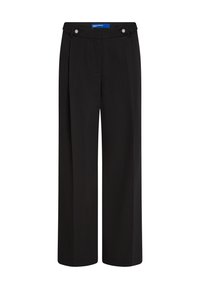Schwarze weit geschnittene Hose aus glattem Stoff. Verfügt über zwei vordere Knöpfe und eine hohe Taille mit einem maßgeschneiderten Design für zusätzlichen Halt.