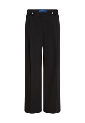 Pantaloni negri, cu picioare largi, dintr-un material neted. Au două butoane frontale și un talie înaltă, cu un design ajustat pentru un plus de structură.