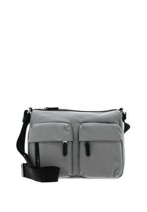 Gray rectangular crossbody bag with two front flap pockets and a black adjustable shoulder strap on a white background.