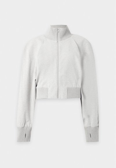 Sweat-shirt court gris clair à fermeture éclair avec col haut côtelé, poignets côtelés avec trous pour les pouces, et taille côtelée.