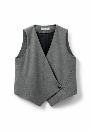 Gray wool vest featuring a wrap design, deep V-neck, and a single button closure. Smooth texture with no visible patterns or accents.