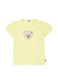 T-shirt giallo a maniche corte con scollatura rotonda e maniche a sbuffo, caratterizzato da un'applicazione a forma di faccia d'orso grigia e beige al centro.