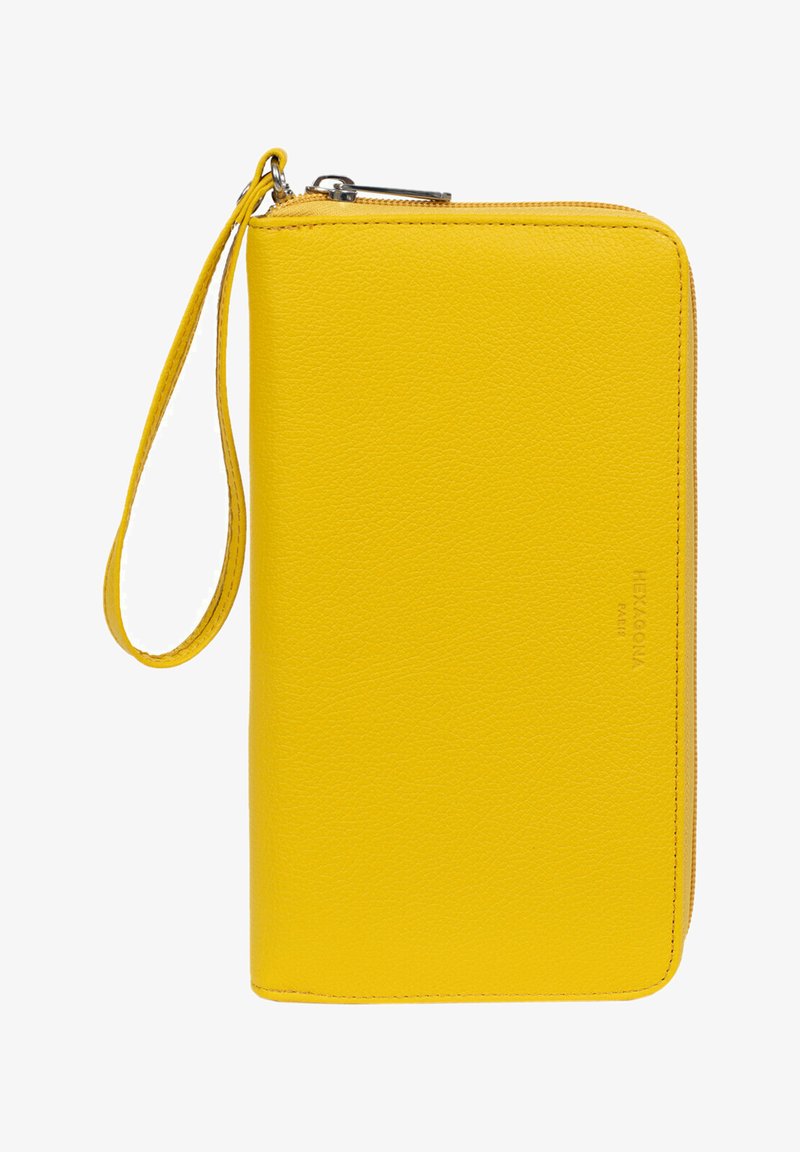 Yellow leather wallet with a zip closure, textured surface, and wrist strap. Features a subtle logo embossed on the side.