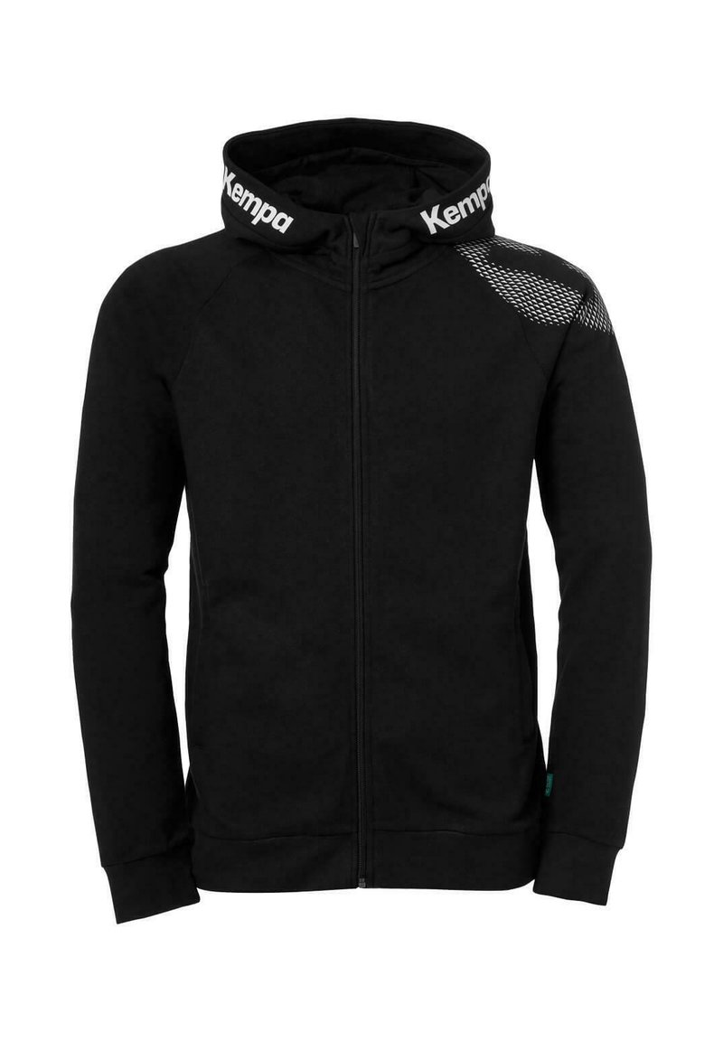 Felpa nera con zip realizzata in tessuto morbido, con un colletto alto e un logo, e un dettaglio a motivo sulla spalla.