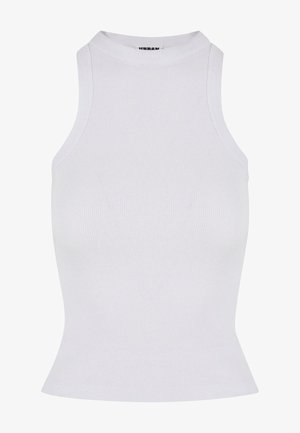 Fehér bordázott ujjatlan felső, magas nyakkal, testhezálló fazonnal és enyhén bővülő szegéllyel, rugalmas anyagból készült.