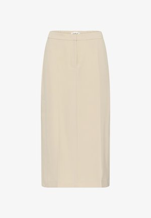 Beige Midi-Rock mit gerader Form, aus glattem Stoff gefertigt, mit flachem Bund und zwei seitlichen Taschen.