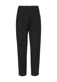 Zwarte op maat gemaakte broek met een hoge taille, geplooide voorkant en taps toelopende broekspijpen, gemaakt van zachte stof. Geen zichtbare zakken.