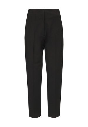 Pantaloni neri tailored con una vita alta, davanti plissettato e gambe affusolate, realizzati in un tessuto liscio. Nessuna tasca visibile.