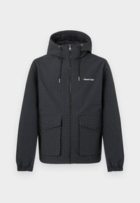 Μαύρο καρό μπουφάν με κουκούλα, δύο εμπρόσθιες τσέπες, ρυθμιζόμενο κορδόνι, φερμουάρ κλεισίματος και ελαστικές μανσέτες.