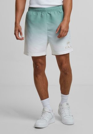 Letvægts svømmedragt i en gradient af teal og hvid, med et elastisk taljebånd og et palmetræ logo i guld på siden.