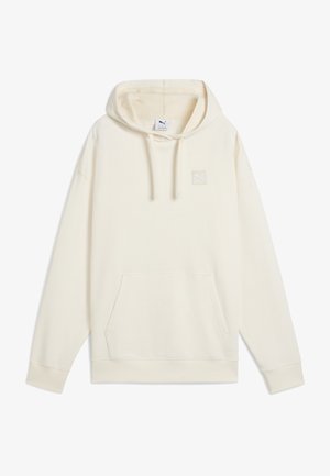 Pullover hoodie in crème fleece, met een kangoeroezak, een capuchon met trekkoord en een klein geborduurd logo op de borst. Soepele textuur.