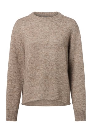 Pull en tricot beige avec un col rond, des manches longues et un ourlet légèrement court, présentant une texture douce et une variation de couleur subtile.