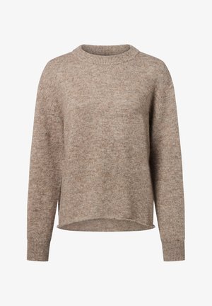 Beige gebreide trui met een ronde hals, lange mouwen en een licht cropped zoom, met een zachte textuur en subtiele kleurvariatie.