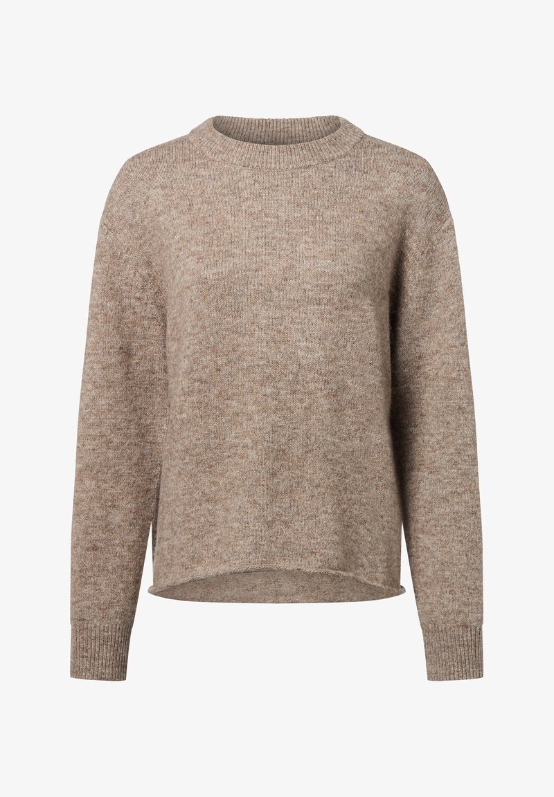 Beige gestrickter Pullover mit Rundhalsausschnitt, langen Ärmeln und einem leicht verkürzten Saum, der eine weiche Textur und dezente Farbvariationen aufweist.