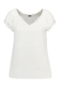 Vit kortärmad blus med elastisk volangkrage och V-formad frontdetalj, tillverkad av lättviktig tyg.