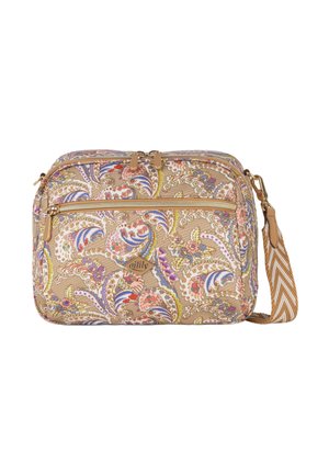 Crossbodytas met een beige achtergrond, een kleurrijk paisley bloemmotief, gouden ritsen en een verstelbare chevronriem.