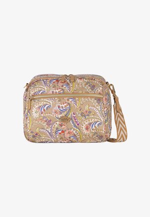 Crossbodytas met een beige achtergrond, een kleurrijk paisley bloemmotief, gouden ritsen en een verstelbare chevronriem.