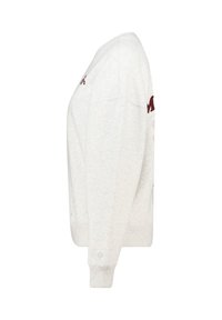 Lichtgrijze sweatshirt met ribbels aan de mouwen en onderkant. Geborduurd ontwerp in bordeauxrood en roze op de voorkant en de mouw. Zachte, geweven stof.