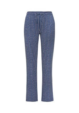 Blue striped lounge pants with a drawstring waistband. The fabric has a soft texture and features vertical lines in varying shades of blue and beige.