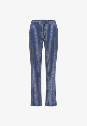 Blaue gestreifte Loungehosen mit einem Kordelzugbund. Der Stoff hat eine weiche Textur und weist vertikale Linien in verschiedenen Blautönen und Beige auf.
