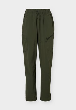 Pantaloni outdoor ușori de culoare verde închis, cu talie elastică, șnur, mai multe buzunare cu fermoar și detalii cusute pe genunchi.