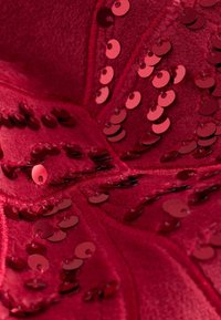 Red fabric featuring circular sequins in various sizes, creating a textured pattern with a shiny finish. Soft, fuzzy background material.