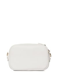 Borsa bianca in pelle con forma rettangolare, finitura testurizzata, chiusura con zip e dettagli in hardware color oro sui lati.