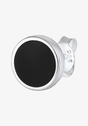 Black gemstone stud earring set in a polished silver 925 metal frame, featuring a round shape and smooth texture. Small metal backing.