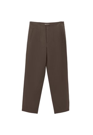 Pantaloni marroni a vita alta e gamba dritta con tasche laterali e dettaglio delle cuciture frontali, esposti piatti su sfondo bianco.