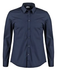 Chemise bleu foncé à manches longues avec boutons, col et poignets, vue de face sur un fond blanc uni.