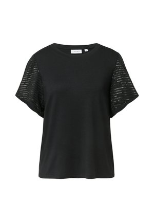 Schwarzes T-Shirt mit kurzen, gestreiften transparenten Ärmeln. Rundhalsausschnitt und leichter Stoff, der eine lockere, legere Passform schafft.