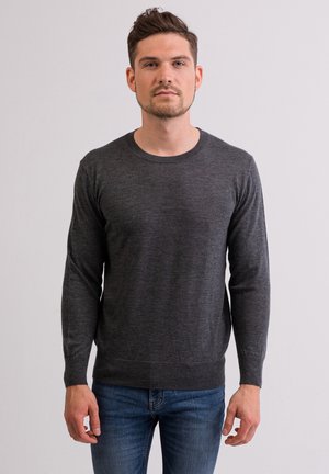 Pull gris à manches longues en tissu doux, avec un col rond, des poignets côtelés et une silhouette ajustée. Associé à un jean bleu.
