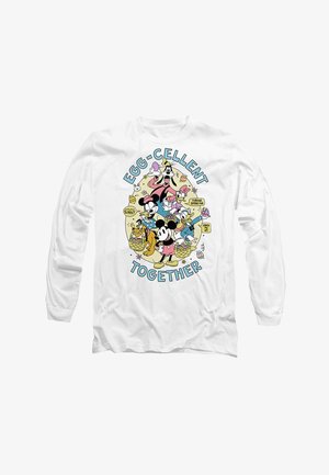 Long-sleeve white shirt featuring a colorful cartoon graphic of characters with text reading "EGG-CELLENT TOGETHER." Playful design, vibrant colors.