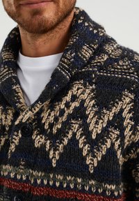 Hombre vistiendo un cardigan de punto grueso con patrones geométricos en beige, azul, verde y rojo sobre una camisa blanca, mostrando la parte inferior de la cara y el cuello.