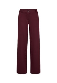 Burgundy wide-leg trousers with a button closure, smooth texture, and a classic design featuring front pockets and a fitted waistband.
