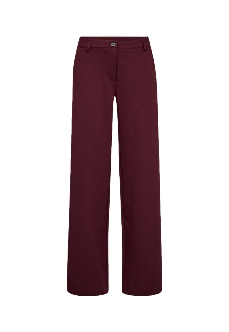 Burgundy wide-leg trousers with a button closure, smooth texture, and a classic design featuring front pockets and a fitted waistband.