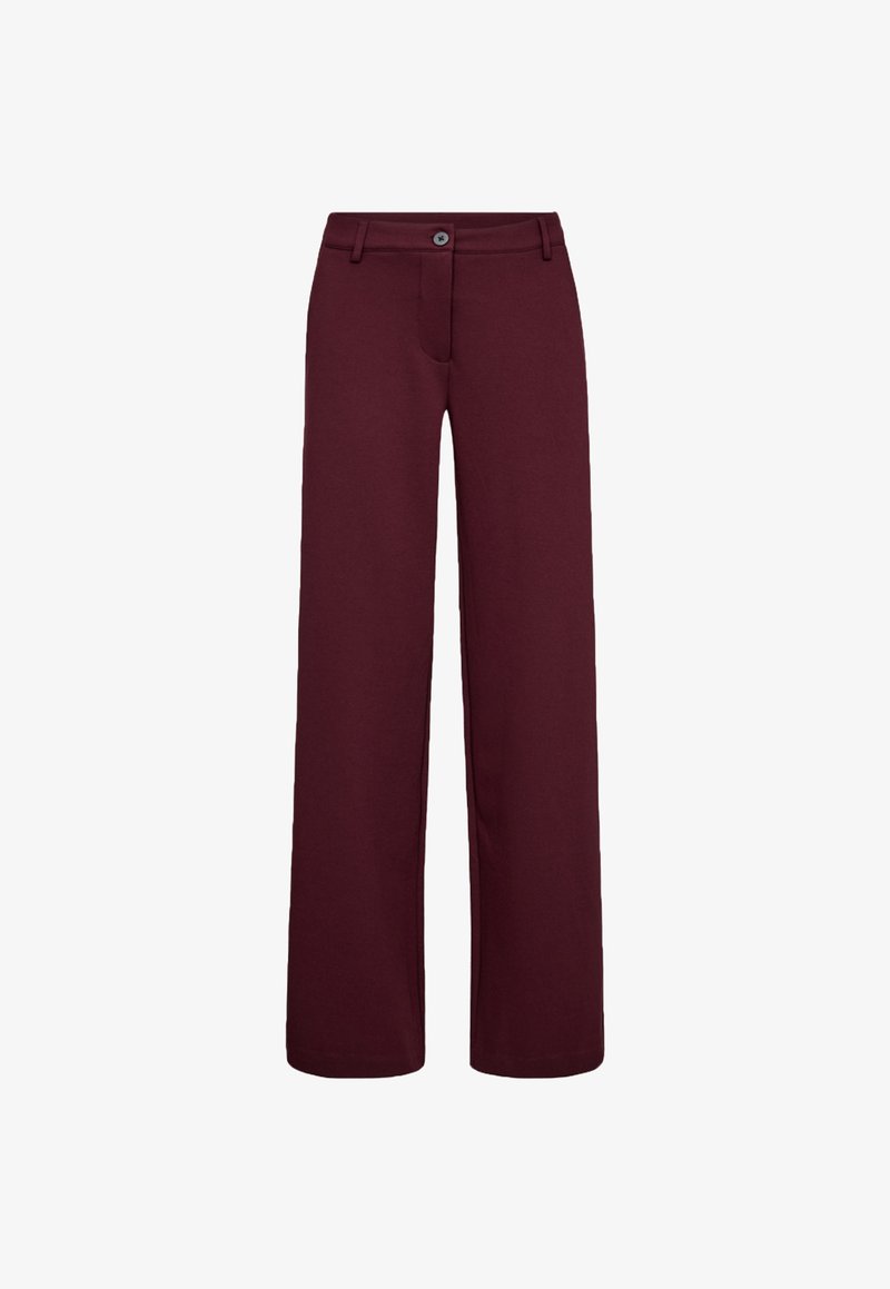 Bordeaux wijde broek met een knoopsluiting, gladde textuur en een klassiek ontwerp met zijzakken en een aansluitende tailleband.