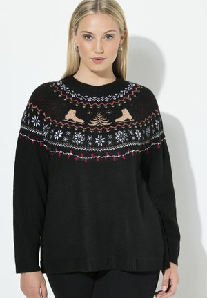 Maglione nero lavorato a maglia con una scollatura decorata a festa caratterizzata da motivi di fiocchi di neve, alberi di Natale e pattini con accenti beige, bianchi e rossi.