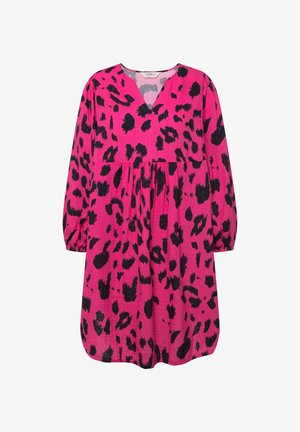 Abito rosa con stampa leopardata nera, scollatura a V, maniche a palloncino lunghe, vita arricciata e tessuto morbido per una vestibilità rilassata.