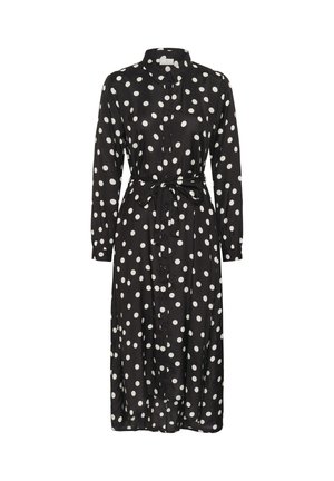 Robe midi noire à manches longues avec pois blancs, boutonnière sur le devant, col et ceinture à nouer à la taille.