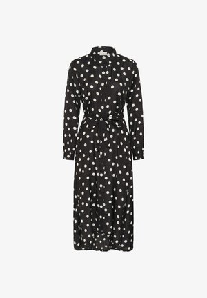 Robe midi noire à manches longues avec pois blancs, boutonnière sur le devant, col et ceinture à nouer à la taille.