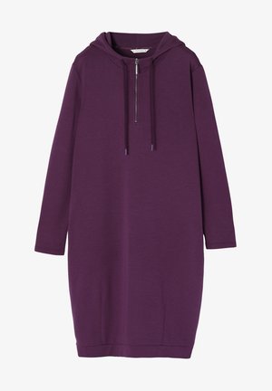 Rochie cu glugă de culoare mov, realizată dintr-un material moale, cu un sistem de închidere cu fermoar până la jumătate, mâneci lungi și o siluetă relaxată, până la genunchi.
