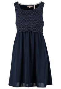 Robe sans manches bleu marine avec un corsage en crochet de dentelle et une jupe unie fluide, longueur genoux avec un col rond.