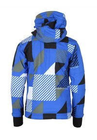 Veste bleue à motifs présentant des formes géométriques et des rayures en noir, gris et blanc, avec une capuche et des poignets élastiques.